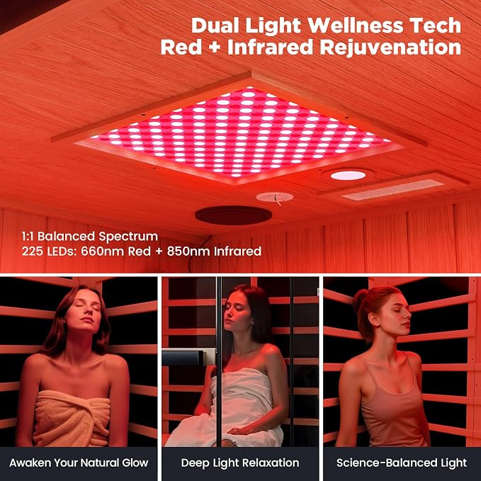 2-Person Full Spectrum Infrared Sauna, 1990W - 120V, 12 * 12" Red Light Therapy & 2 Built-in Speakers, Hemlock Wood Indoor Dry Traditional Sauna with Dual LED Controls for Home & Gym