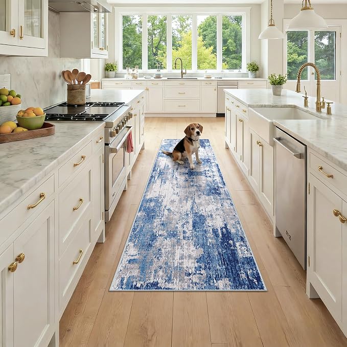 RELEANY Washable Runner 2'x7' Abstract Area Rug for Hallway Blue Gray | carpet for kitchen, entryway, bathroom, living room, bedroom, printed pattern, non-slip, soft, stain-resistant, easy to clean