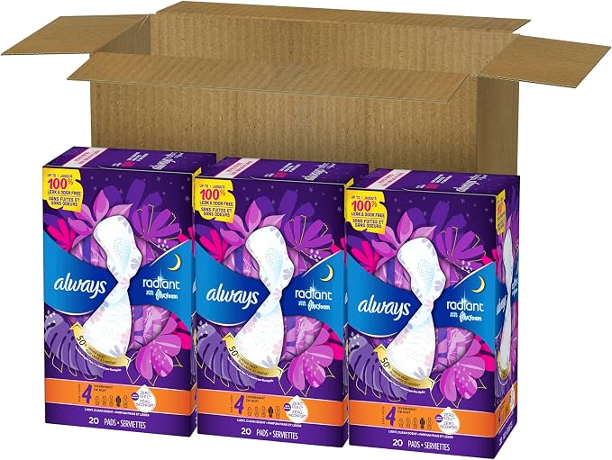 Always Radiant Feminine Pads for Women, Flexfoam Pads with Wings, Size 4, Overnight Absorbency, Lightly Scented, 60 Count (Pack of 2)