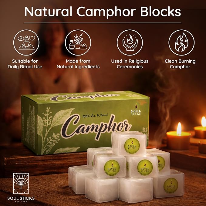 SOUL STICKS Natural Camphor Blocks, Pure Camphor Tablets for Aromatherapy & Puja - Alcanfor en Bloques, Alcanfor en Bolitas, Kapoor for Pooja (56 Grams (12 Tablets))