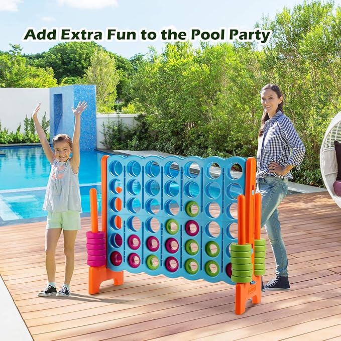 COSTWAY Jumbo 4-to-Score Giant Game Set, 4 in A Row for Kids and Adults, 3.5FT Tall Indoor, Outdoor Set with 42 Jumbo Rings & Quick-Release Slider, Ideal for Holiday Party, Family, Baby Blue