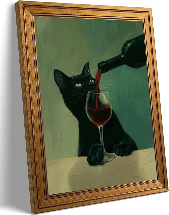 Framed Black Cat Canvas Wall Art,Funny Animal Picture Wall Decor 16x12in | Whimsical Cat Canvas Print,Vintage Cottagecore for Kitchen, Dining Room, Home Bar, Study or Cat Lover