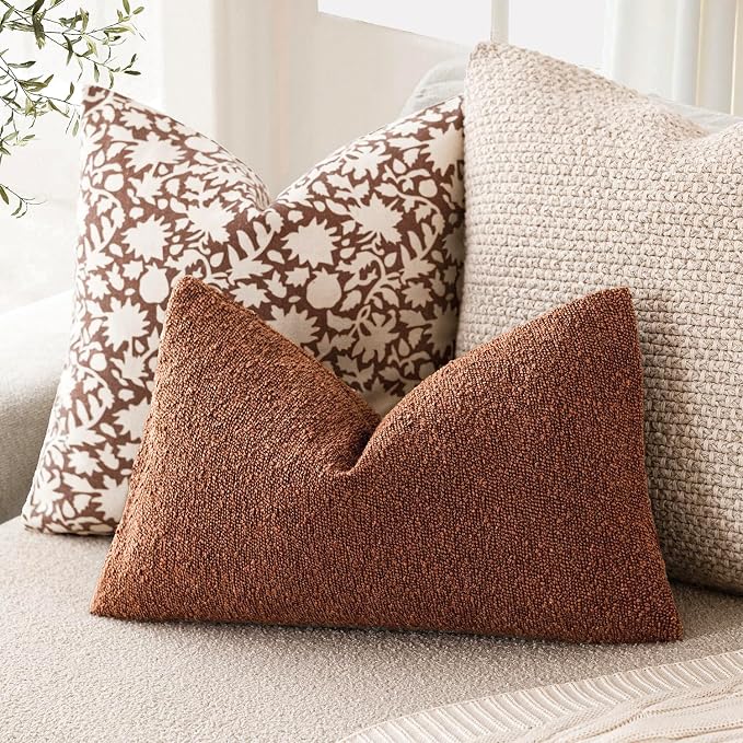 Foindtower Pack of 2 Textured Boucle Throw Pillow Covers Accent Solid Decorative Lumbar Pillow Cases Cozy Couch Cushion Case for Chair Sofa Bedroom Living Room Home Decor 12x20 Inch Red Taupe