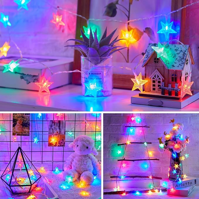 Minetom Star String Lights Battery Operated - 17 ft 50 LED Star Fairy String Lights with Timer, Waterproof for Indoor Bedroom Tent Loft Bed Patio Party Wedding Decor, Multi-Color