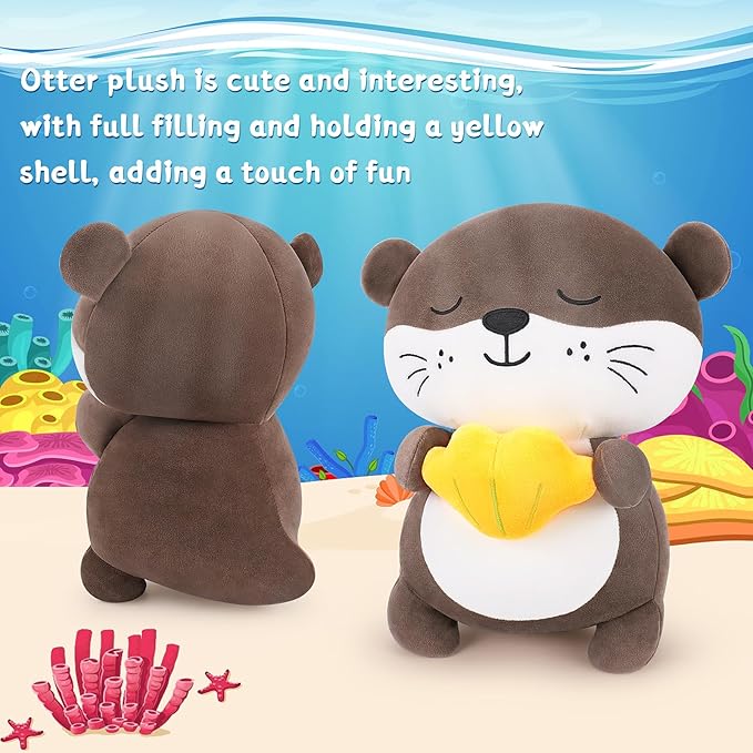 Achwishap Otter Stuffed Animal,Soft Otter Plush-14” Kawaii Birthday Gifts for Kids,Cute Plushies Animal Plush Toys Cuddle Pillow for Girls Boys Adults,Yellow Shell Plushies,Brown