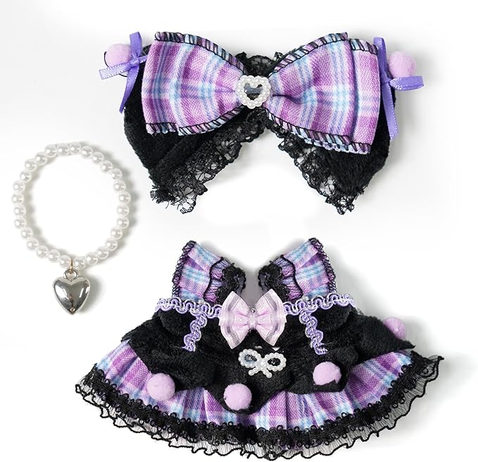 3 Piece 17cm Doll Clothes and Accessories Outfit - Bow Clips, Necklace & Dress, Fashionable Doll Dress Up Set