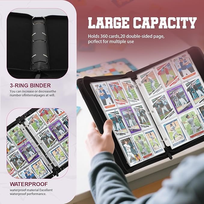 Trading Card Binder with Sleeves 9 Pocket Premium 720 Double Sided Pocket PU Card Collection Binder, Collectible Albums Card Folder for MTG, TCG, Sports Cards（9-White baseball）