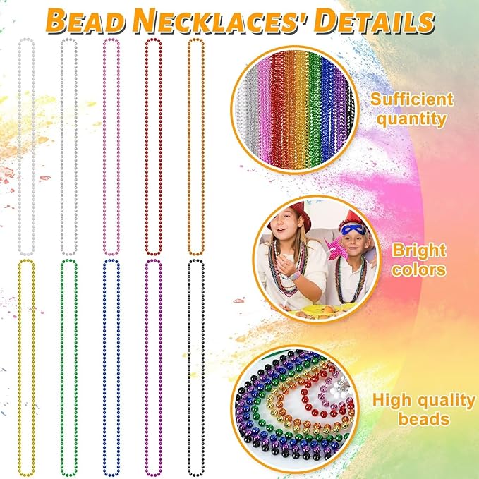 72PCS Mardi Gras Beads, Metallic 10 Kinds Bead Necklace Party Favors, 33" Mardi Gras Necklace Stuff, Festival Parade Throw Accessories for Wedding Birthday Celebrations Decorations