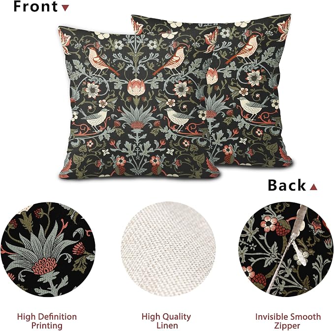 Chinoiserie Floral Bird Colorful Pillow Covers 20X20 in Set of 2 Orange Sage Green Pimpernel Flower Throw Pillow Cases Vintage Art Pillow Covers Modern Home Decor for Couch Patio Sofa Porch