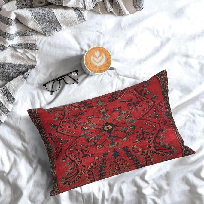 Red Persian Carpet Vintage Antique Nature Fine Pillow Covers Decorative Lumbar Throw Pillowcase 12x20 Inch Couch Cushion Cover for Home Decor Living Room Bedroom College Dorm Bed Car Sofa