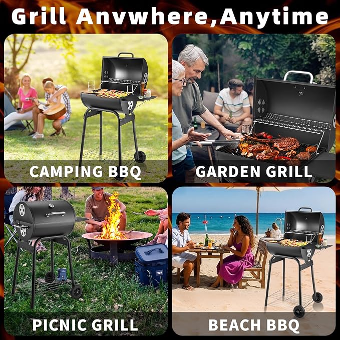 Kendane Barrel Charcoal Grill, Large Charcoal Grills with Side Shelf, Outdoor BBQ Grill,Perfect for Backyard Camping, Patio Parties and Picnics
