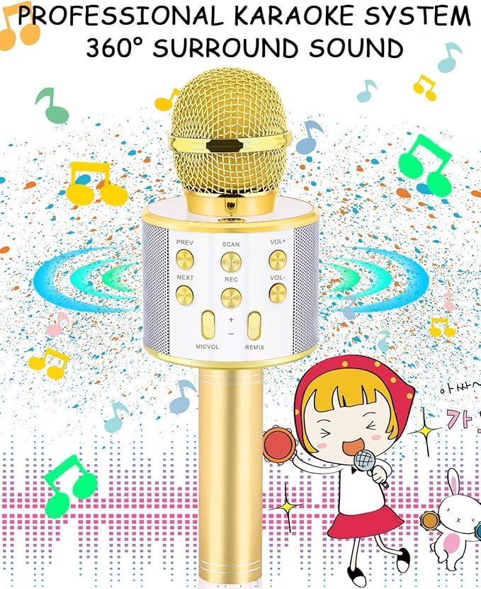 Gifts for 4 5 6 7 8 9 10 11 12 Year Old Girls, Handheld Karaoke Microphone for Kids Fun Toys for 4-13 Year Old Girls Birthday Gifts for 5-13 Year Old Girls Boys Teens - Gold