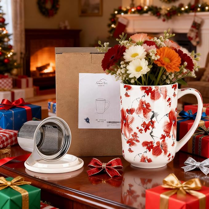 AmorArc Porcelain Tea Mug with Infuser and Lids, 18 Oz Coffee Cup Strainer with Bag Holder for Loose Leaf Tea, Steeping Coffee Mug for House-warming Wedding Birthday Gift
