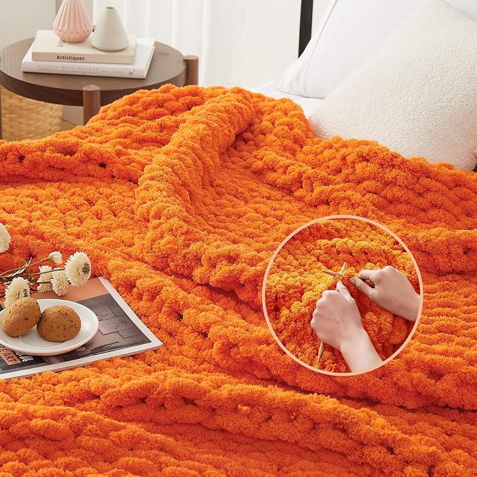 L'AGRATY Chunky Knit Throw Blanket for Couch 60'' x 80'' Knit Throw, Orange | Handmade Chenille Crochet Blanket for Sofa Bed, Thick Cable Knitted Blankets for Room Home Decor, Birthday Gift for Women Mom