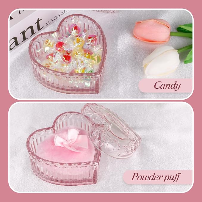 Large Body Powder Puff Container, Pink Heart Crystal Powder Container, Reusable Dusting Powder Case, Body Puff Glass Jar, Puff not Including
