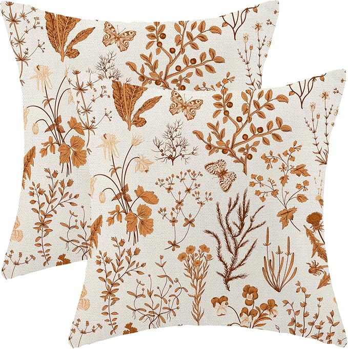 AEIOAE Fall Pillow Covers 22x22 Inch Set of 2,Burnt Orange Wild Flower Plant Throw Pillows Case,Seasonal Floral Outdoor Decorative Square Linen Farmhouse Decor Cushion Covers for Home Sofa Bed Couch