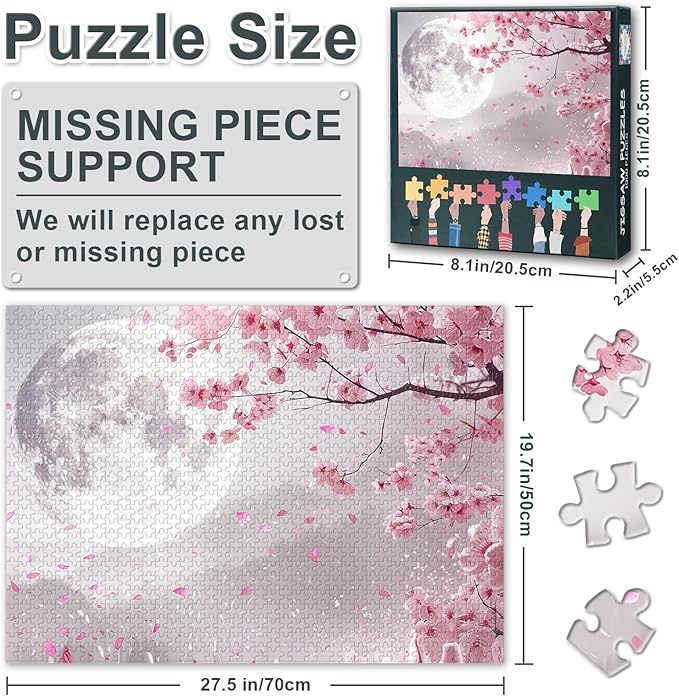 Jigsaw Puzzle 1000 Pieces, Sakura Adult Jigsaw Puzzles, Cherry Blossom Moon Adults Puzzles 1000 Piece Challenging Puzzle Perfect for Game Nights Educational Finished Size 19.5 x 27.5 Inch