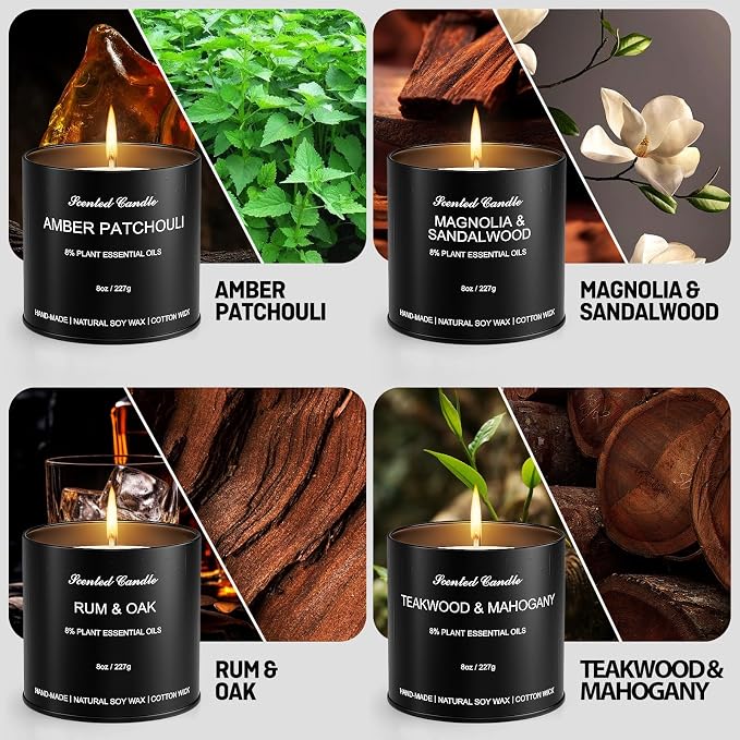 Men's Scented Candles Gift Set - 4 Pack Luxury Masculine Scented Candles for Men, 8oz Natural Soy Wax Candles with 8% Essential Oil, Long Lasting Aromatherapy Candles for Home Fragrance,Men,Him