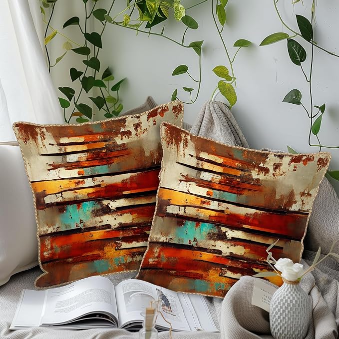 Burnt Orange Teal Rust Soft Velvet Throw Pillow Covers Set of 2 Abstract Vintage Metalic Copper Pillow Covers 20x20 Inch Retro Colorful Pillow Case For Sofa Couch Living Room Farmhouse Home Decor