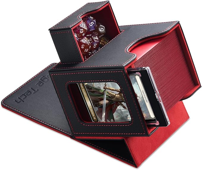 Mage Tech Card Deck Box for MTG Commander - Patented Design, Commander Display, Fits 100 Double-Sleeved Cards, 35pt Card Brick & Dice Tray - Black/Red