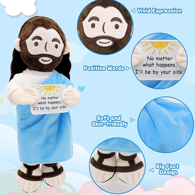 Inspirational Jesus Plush Stuffed Doll with Encouraging Words 13.4" Positive Jesus Plushie Soft Christian Toy Faith Comfort Gift for Kids Baptis Easter Christas (Blue)