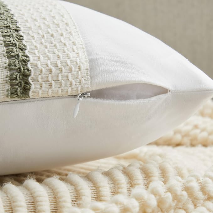 2pk Boho Pillow Covers 18x18, Natural White/Grid/Green | 100% Organic Cotton Body, Stripe Embroidery, Farmhouse Decorative Cushion Covers for Sofa Bed Living Room Home Decor