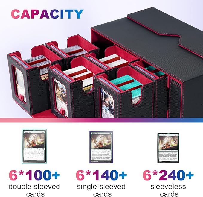 UAONO Commander Deck Box for MTG, 6-Deck Modular Card Case with Dice Tray Holds 600+ Double-sleeved Cards, Removable Trading Cards Storage Box with 35PT Magnetic Card Holders for TCG, Black Red
