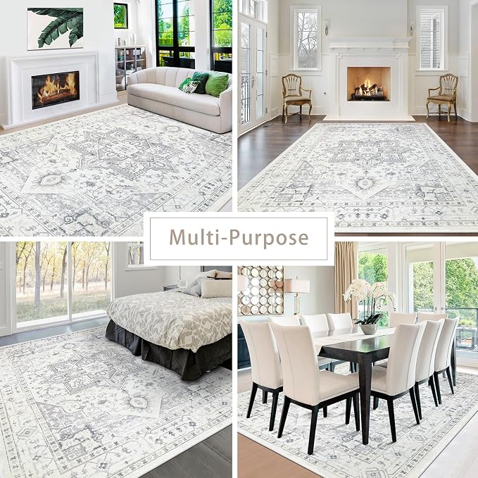 Srugn Area Rug 8x10 Washable Area Rugs for Living Room,Bedroom, Dining Room- Ultra Soft Non-Shedding Faux Wool Retro Rugs,Large Vintage Carpets with Non Slip Rubber Backing for Farmhouse Home Office