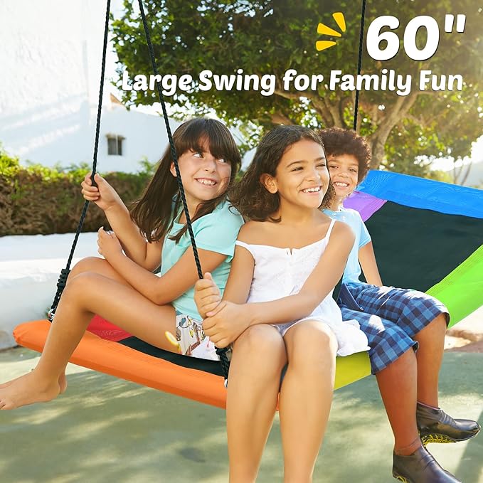 Trekassy Swing Sets for Backyard, 440lbs Heavy Duty A-Frame Metal Stand with 60" Large Platform Swing for Outdoor Playground Park (Black Frame + Rainbow Swing)（Patented）