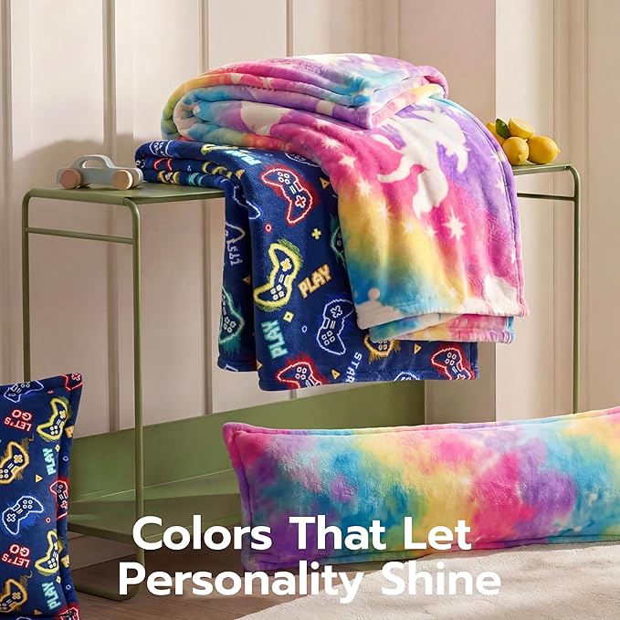 Joiedomi Glow in The Dark Gaming Blanket Gamer Gifts for Boys Age 2 3 4 5 6 7 8 9 10 11 12 Year Old, Soft Cozy Flannel Kids Throw Blanket, Birthday Bedroom Decor Dark Blue 50"×60"