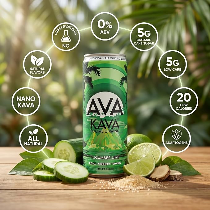 AVA Kava | Alcohol-Free Relaxation Drink | Cucumber Lime | Fast Acting Nano Kava • Zero Sugar Alcohols • Vegan • Plant Based • No Preservatives • Natural Flavors • Non GMO • Gluten Free | 12oz Cans (6-Pack)