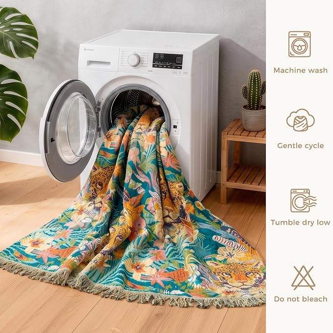 LUTBM Boho Throw Blanket for Couch 50"x60", Cotton Decorative Bed Throws | Reversible Leopard Jacquard, All-Season Muslin Blanket, For Chair Sofa Living Room, Lightweight & Breathable, Whimsical Decor