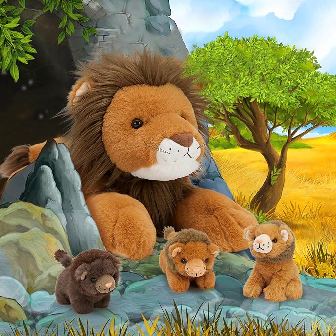 MaoGoLan 4 Pcs Lion Stuffed Animal Set - 19.6'' Lion Plush Toy with 3 Babies in Hers Zippered Back, Charming Gifts for Kids, Suitable for Birthday Christmas Festive Decorn