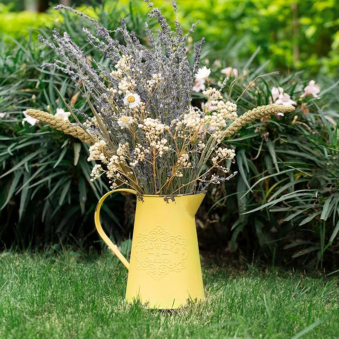 Yellow Metal Flower Vase Vintage Jug Pitcher Shabby Chic Decor Rustic Farmhouse Kitchen Decor for Home
