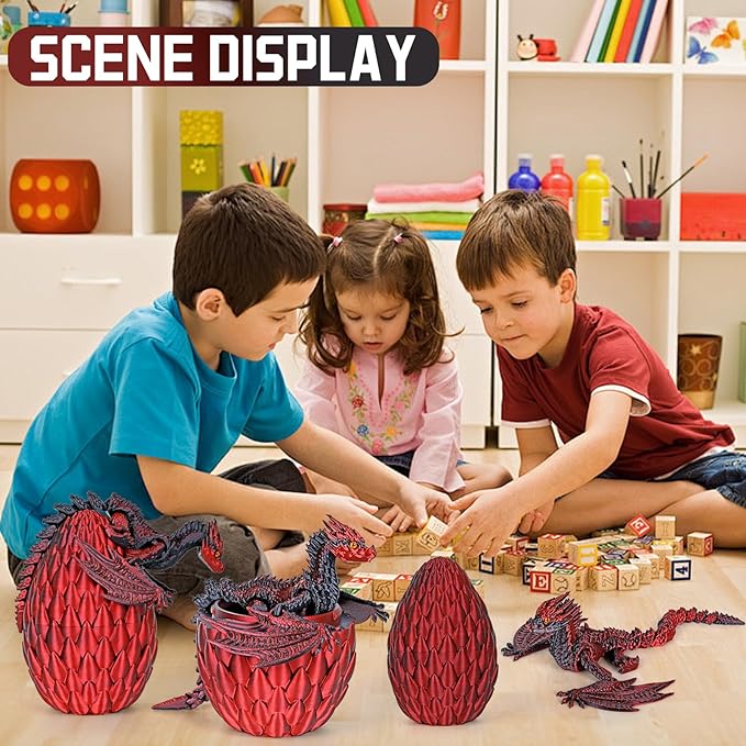 3D Printed Dragon,Flying Mystery Egg Articulated Dragon,3D Printed Crystal Dragon with Wings,3D Dragon Eggs with Dragon Inside,Adults Fidget Toys for Autism ADHD (Black Red Pro)
