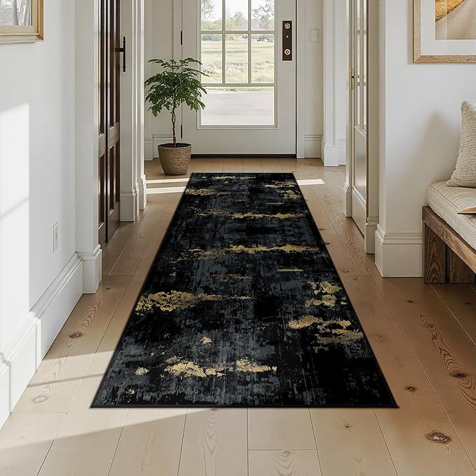 RELEANY Washable Runner 2'6"x8' Abstract Area Rug for Hallway Black Gold | carpet for kitchen, entryway, bathroom, living room, bedroom, printed pattern, non-slip, soft, stain-resistant, easy to clean