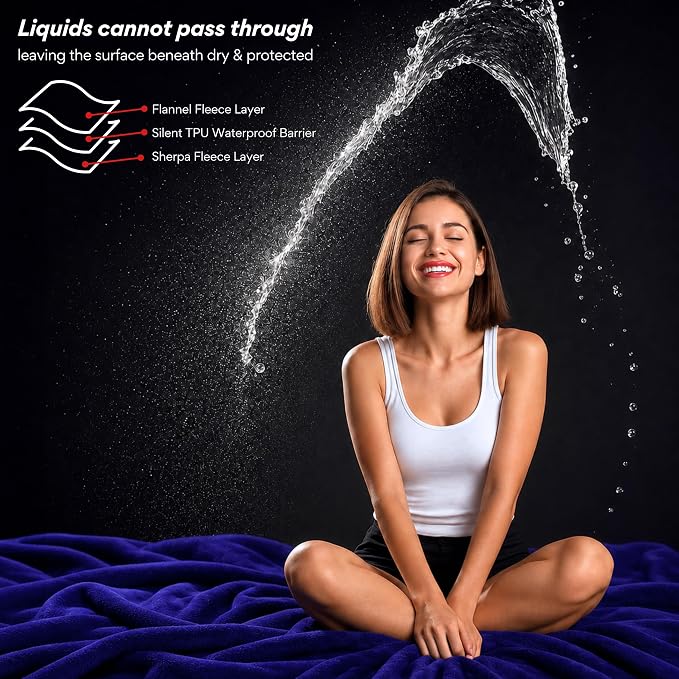 King Size Waterproof Blanket for Bed, Indigo Absorbent Fleece, 82x82 | Plush Water Proof and Stain Resistant Layered Blankets, Leakproof Top Cover