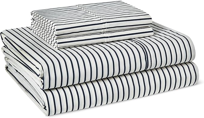 Amazon Basics 100% Organic Cotton Kids' Sheet Set with Pillowcase, Deep Pockets, Certified for Safety, Softer with Each Wash, Queen, Navy Stripe
