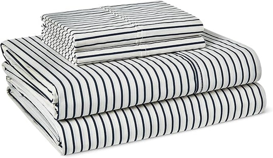 Amazon Basics 100% Organic Cotton Kids' Sheet Set with Pillowcase, Deep Pockets, Certified for Safety, Softer with Each Wash, Queen, Navy Stripe