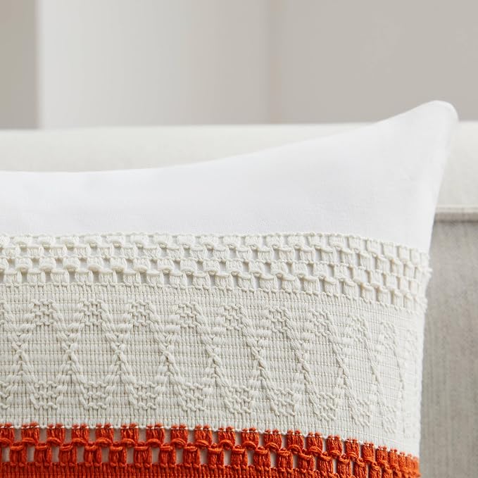 2pk Boho Pillow Covers 12x20, Natural White/Contrast/Orange | 100% Organic Cotton Body, Stripe Embroidery, Farmhouse Decorative Cushion Covers for Sofa Bed Living Room Home Decor