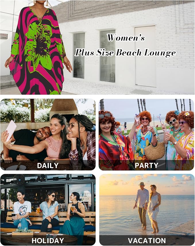 Bsubseach Kaftan Dresses for Women Floral Print Plus Size Beach Cover Up | Lightweight V Neck Loose Fit Boho Dress, Batwing Sleeve Side Slit, Moo Moos for Women Home Loungwear Cruise Resort Wear