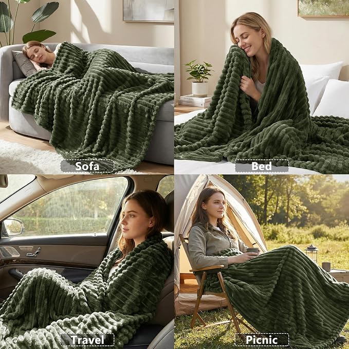 HIMEET Olive Green Throw XL Blanket, 300GSM Ribbed Fleece, 50 x 70 Inches | Ultra Soft Flannel, All-Season Lightweight Warmth, Extra Coverage for Couch Lounging, Home Room Decor, Machine Washable