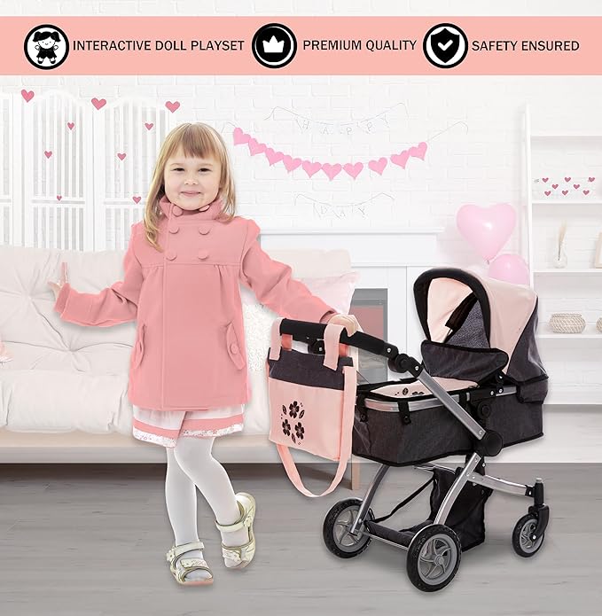 Dolls To Play Baby Doll Convertible Pram Stroller for Kids, Adjustable Handle Foldable Buggy Carriage with Canopy and Storage Basket Heavy Duty Premium Quality Rotating Wheels - 25 Inch