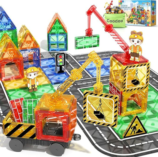 Kids Games Magnetic Tiles with 2 Cranes Construction Set Sensory Toys for Boys Girls Ages 3-6 5-7 8-13, Gifts for 3+ Year Old Boys Girls Toddler Outdoor Kids Toys with Car