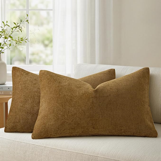 Fall Decorative Throw Pillow Covers Pack of 2,20x12 Inch Warm Brown | Twill Chenille Cushion Covers for Sofa Living Room Couch Bed