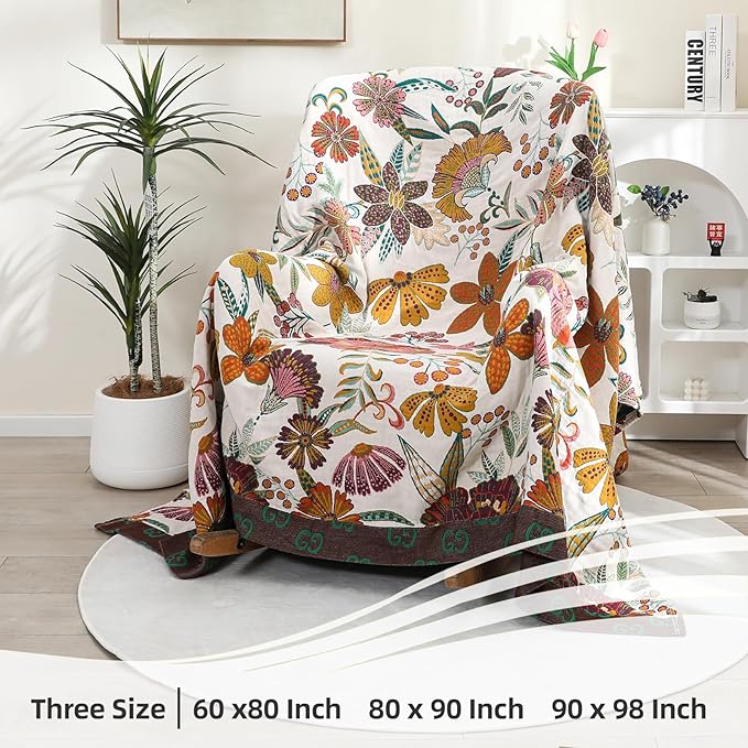 VANJOROY Queen Boho Throw Blanket for Bed, 100% Cotton Muslin Soft Throw-Floral Farmhouse Rustic Decor Blanket for Couch Sofa Quilt and Gift, 80" x 90"-BeigeWhite