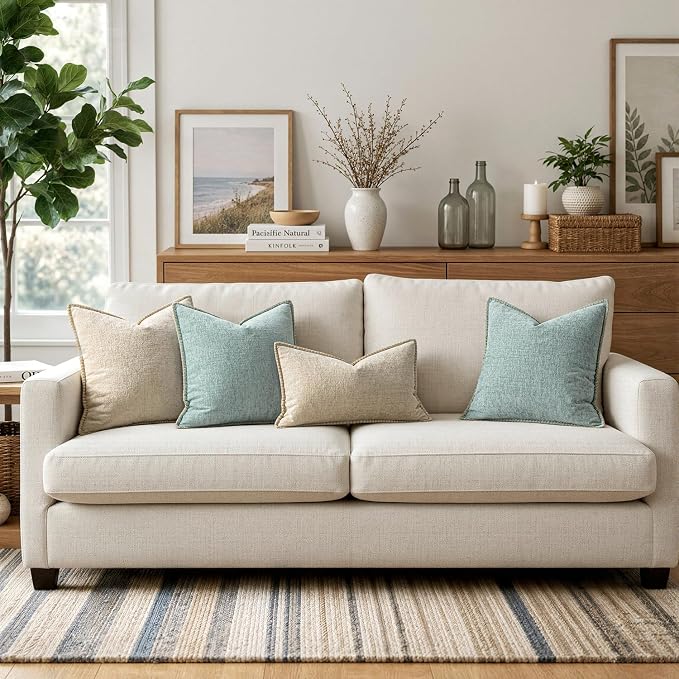 MIULEE Decorative Couch Throw Pillow Covers 18x18 Inch Coastal Light Blue | 2 Pack, Farmhouse Pillow Covers with Stitched Edge, Soft Chenille Cushion Cases, for Sofa Bed Living Room Home Decor
