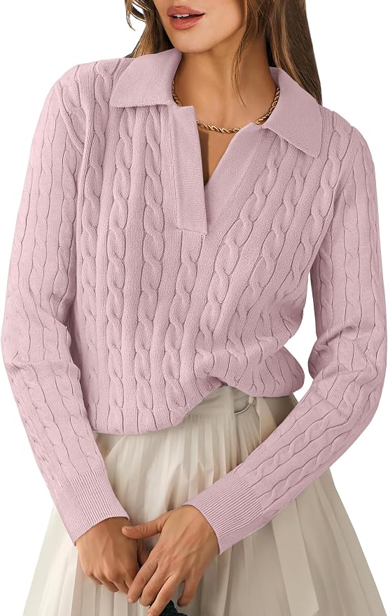 ANRABESS Womens Cable Knit Sweaters Long Sleeve V Neck | Pullover Collared Sweater Tops, Polo Knit Shirts, Business Casual Work, Tennis Golf, Fall Winter Fashion Outfits