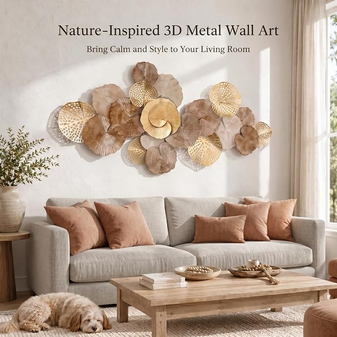 Axioglo 67" Large Wall Decor 3D Lotus Leaf Metal Wall Art for Living Room | 67" x31" metal wall decor with layered metal texture, mounting hardware, two-way display