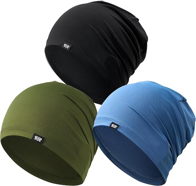 QINGLONGLIN Cooling Skull Cap Sweat Wicking Breathable for Men Women 3 Pack | Lightweight Quick Dry Beanie & Helmet Liner, Stretch Non-Slip Fit Under Hard Hat, Construction Gym Cycling Running Workout